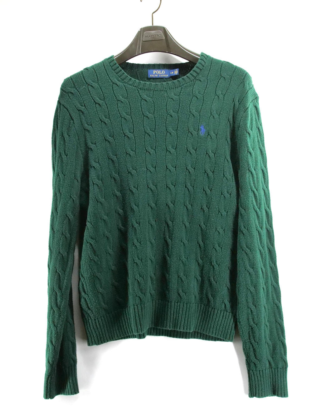 Polo Ralph Lauren Fisherman Sweater Women LARGE Chunky Cable Knit Green Cotton